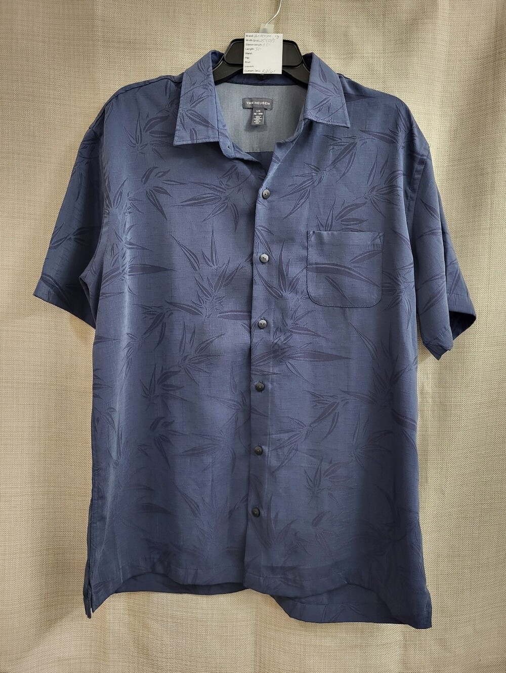 Van Heusen Men's Button Down Blue Short Sleeve Textured Camp Shirt Bamboo Size L